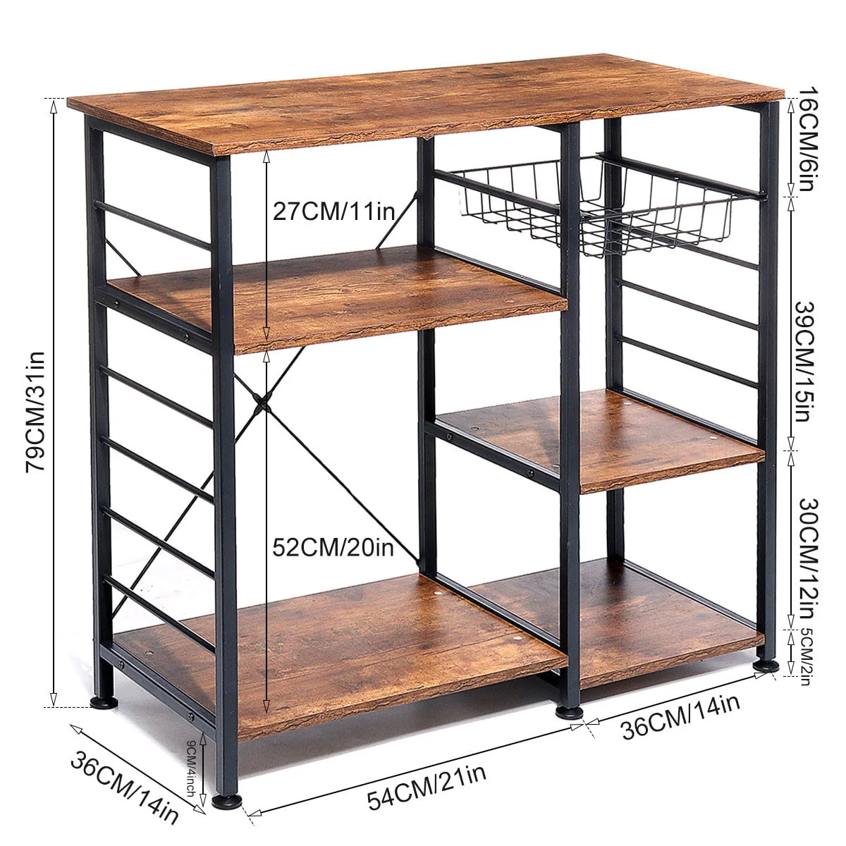 Dinaza Kitchen Bakers Rack Coffee Bar Microwave Oven Stand with Wire Basket & 6 Side Hooks Kitchen Organizer Shelf for Spices Utensils Foods Rustic Brown