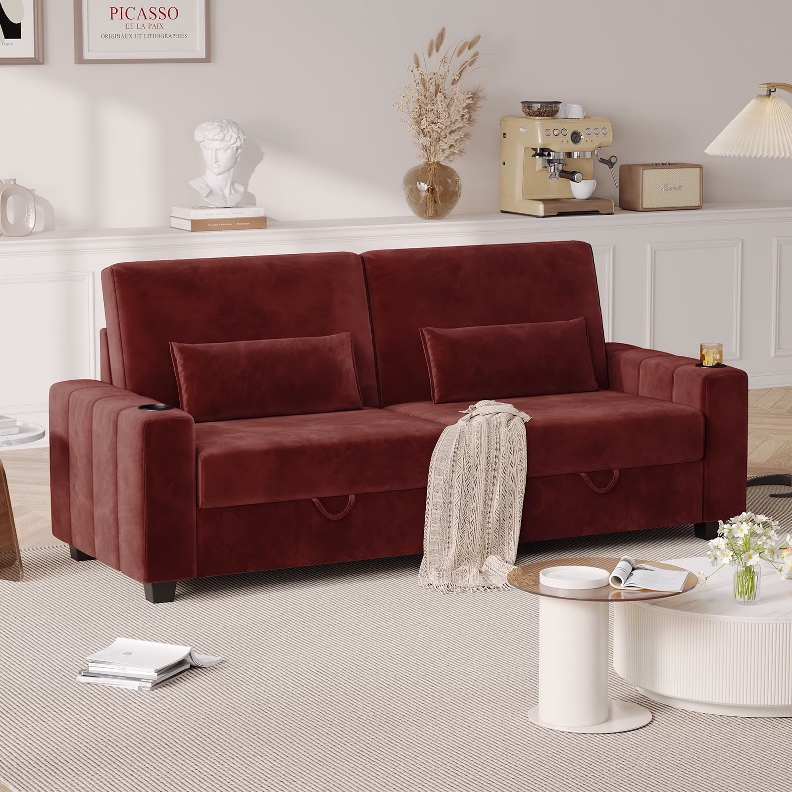 87-Large Loveseat Sofa, 3 Seater Couch with Storage, Velvet Fabric Deep Seat Sofa with Pillow& Cup Holders, Modern Comfy Sofa with USB& Type-C Ports, Home Sofa Couch for Living Room Bedroom