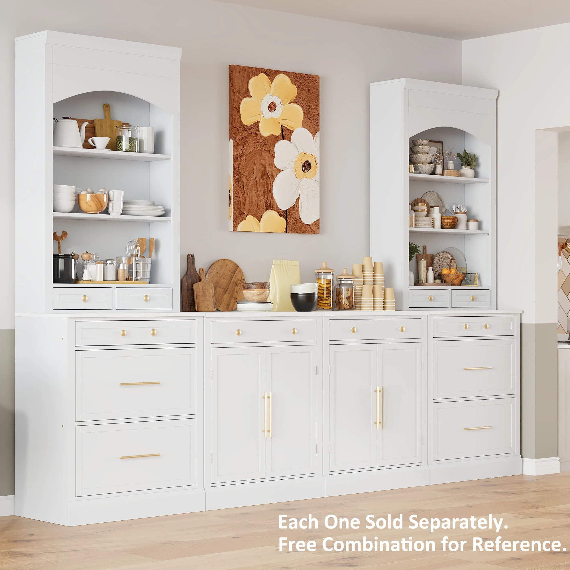 Euroco Modern Freestanding Kitchen Pantry,Buffet Food Storage, Coffee Bar Cabinet with Drawer, 2 Adjustable Shelves and 2 Door Shelves for Dining, Kitchen,White