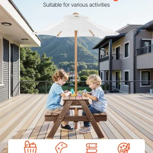 VEVOR Kids Picnic Table with Umbrella, 3-in-1 Sand & Water Table, Outdoor Wooden Table and Bench Set with 2 Trays, 4-People Patio Dining Furniture for Garden, Backyard and Porch (Walnut)
