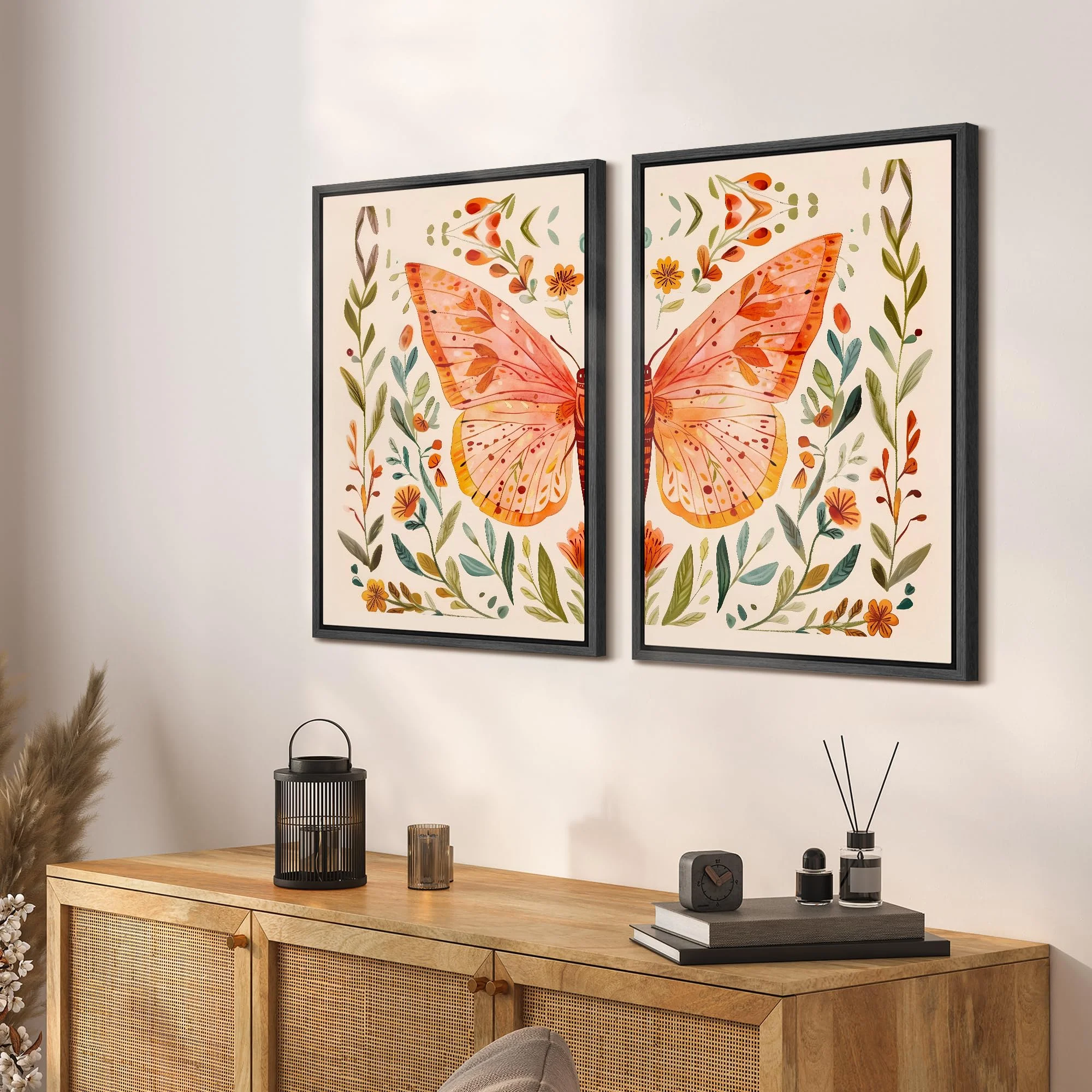 IDEA4WALL Framed Canvas Print Wall Art Set Whimsical Butterfly and Florals Illustration Abstract Botanical Boho Modern Art Wall Decor Colorful Chic Artwork for Home Decor - Natural 24"x36"x2