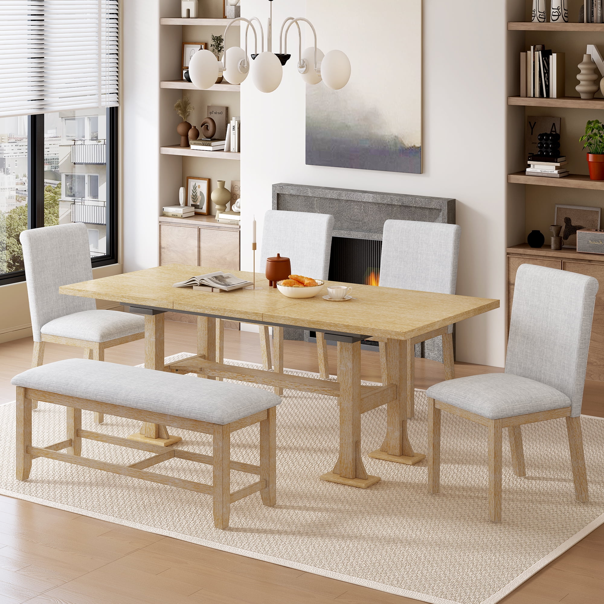 Harper & Bright Designs 6 Pieces Dining Table Set with Bench for 6, Kitchen Table Set with Storage Drawer and 4 Upholstered Dining Chairs, Dark Brown