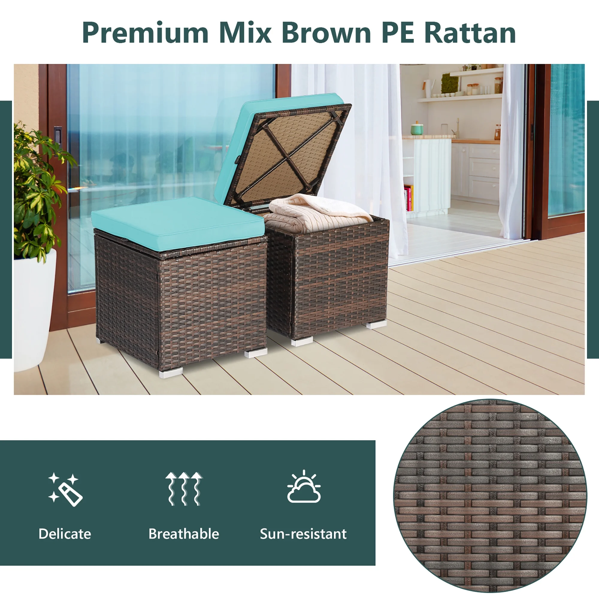 Costway 2PC Patio Rattan Ottoman Seat Side Table Storage Box Footrest Off White