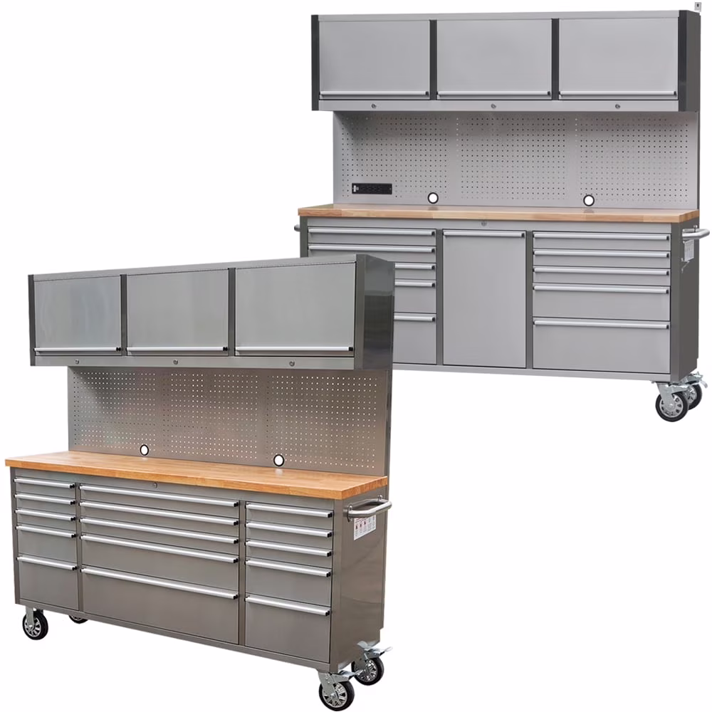 72 inch 11 Drawers Tool Chest with 3 Up Cabinet & Pegboard in Stainless Steel, Large Lockable Mobile Workbench with 6 Blue Storage Bins, Tool Box for Garage, Workshop (1 - HTC7214W1+ 1 - HTC7218W1)