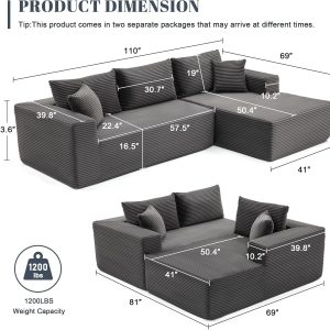 110 Cloud Sectional Couch, Boneless Sofa for Living Room Modular Sectional Sofa with Deep Seat