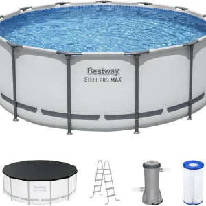 Steel Pro MAX 14 Foot x 48 Inch Round Metal Frame Above Ground Outdoor Swimming Pool Set with 1,000 Filter Pump, Ladder, and Cover, Gray