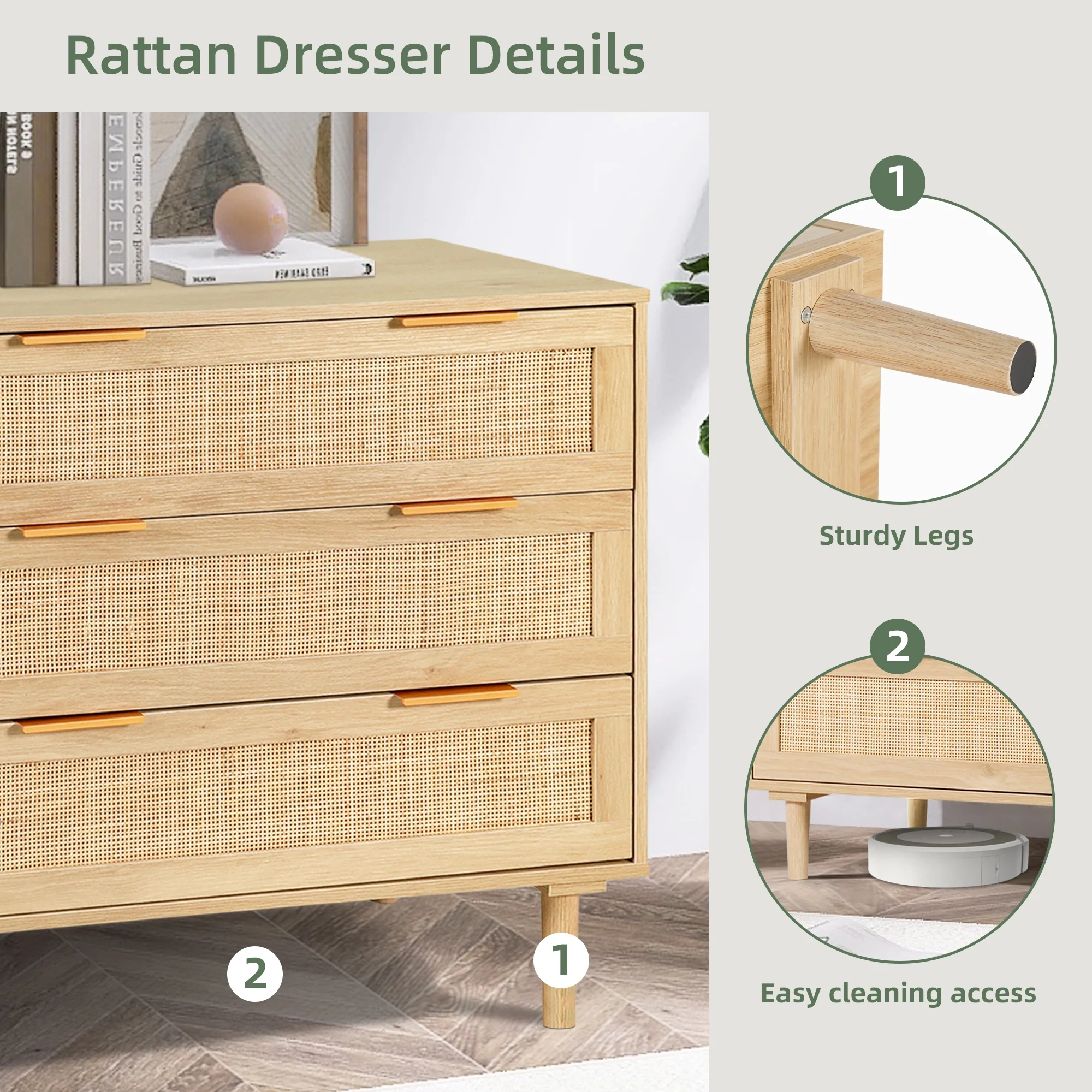 LAZZO 3 Modern Drawer Dresser Rattan, Wooden Dresser Chest of Large Storage Cabinet
