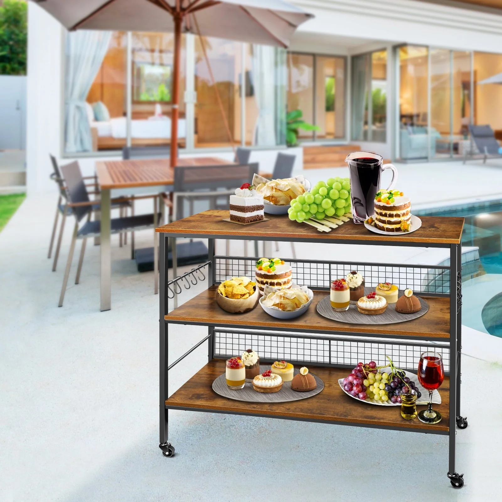 Cheflaud Rolling Kitchen Storage Cart Island with large open shelves and Large Worktop, 3-Tier Kitchen Baker’s Rack with 10 Hooks, Stable Steel Structure and Easy Assembly, Rustic Brown