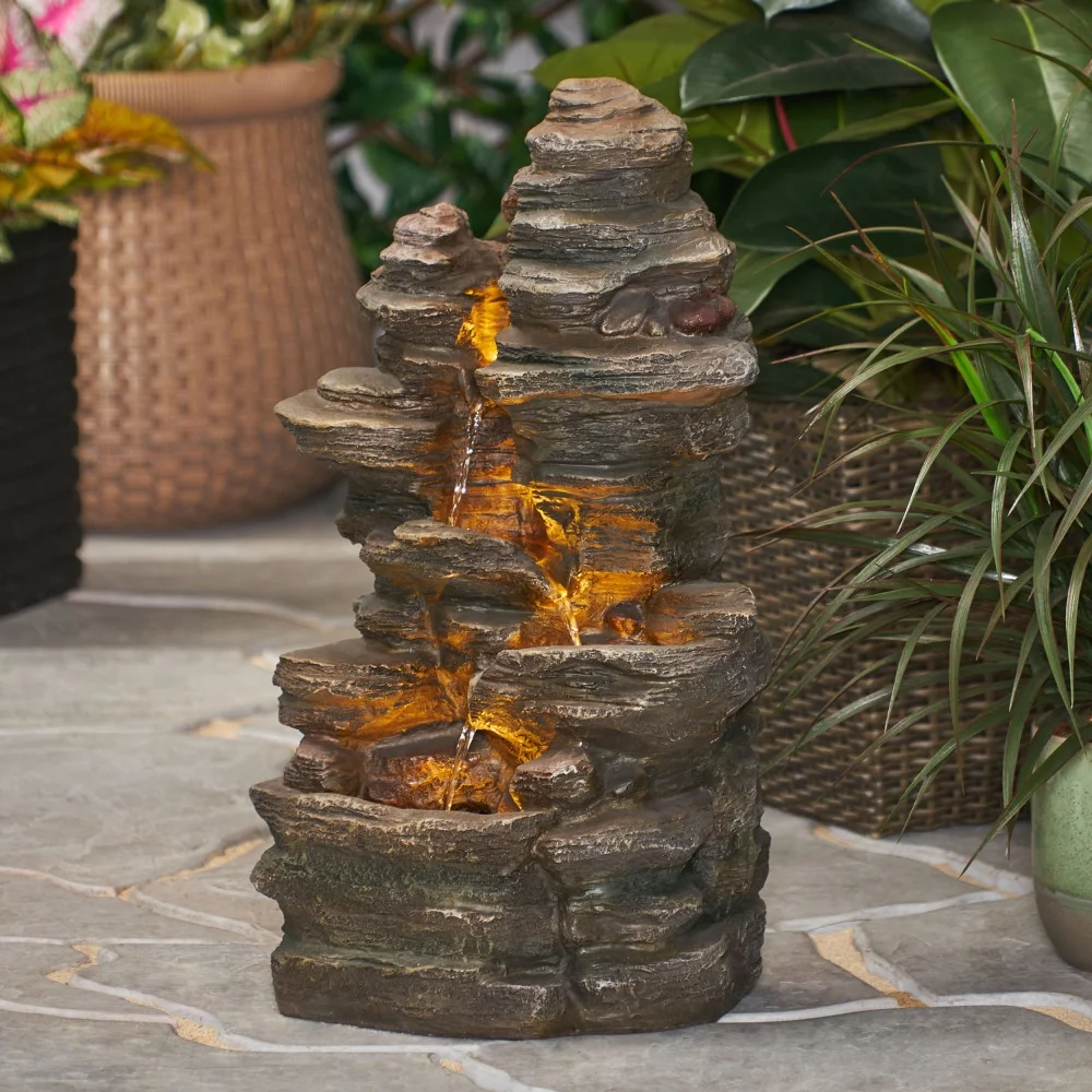 Holaki 23.5" H Outdoor Fountain,4-Tire Waterfall Flow Floor Fountain with LED Light for Patio,Gadern,Backyard,Art Home Decoration,Light Brown