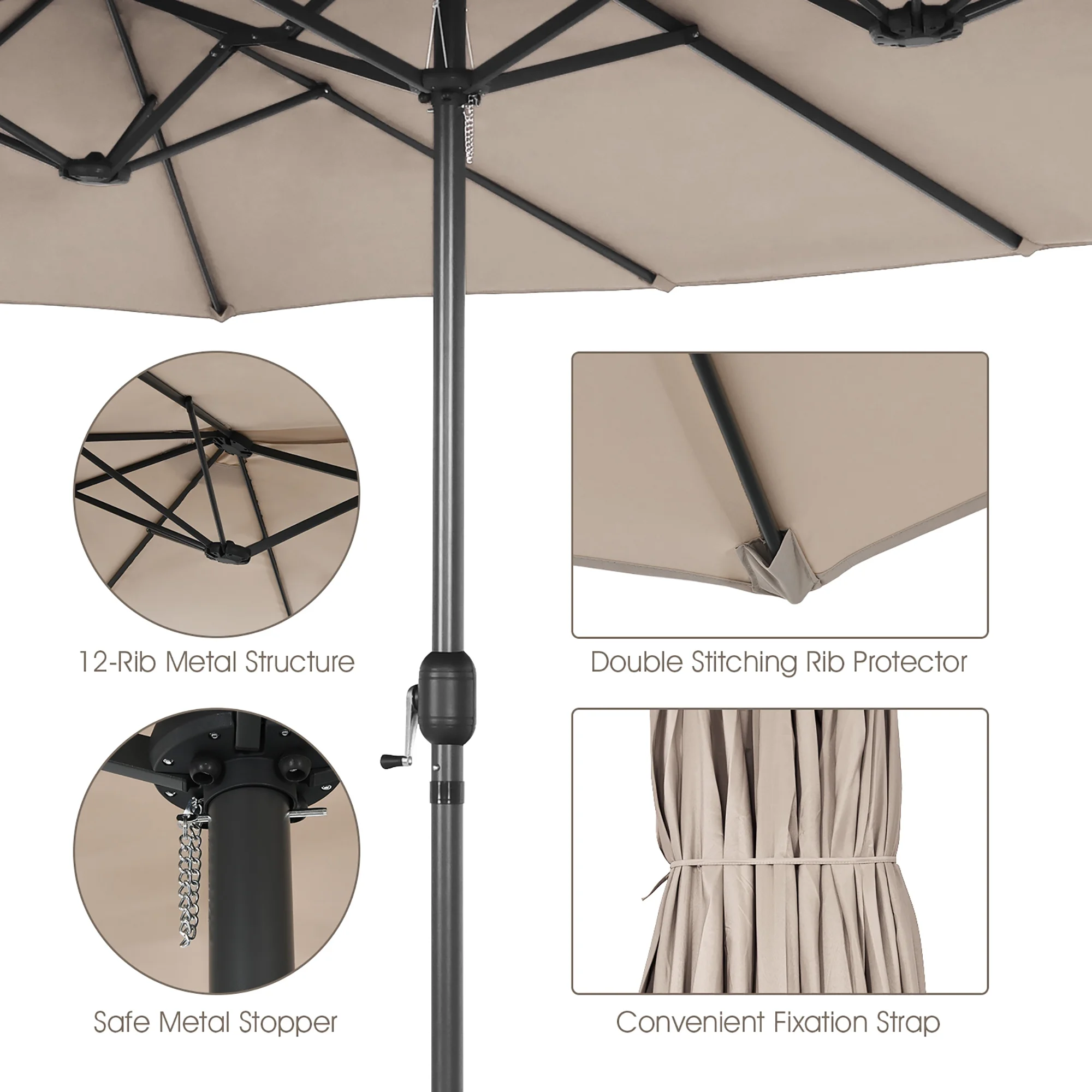 Costway 15ft Beige Patio Double-Sided Umbrella, Crank Lift