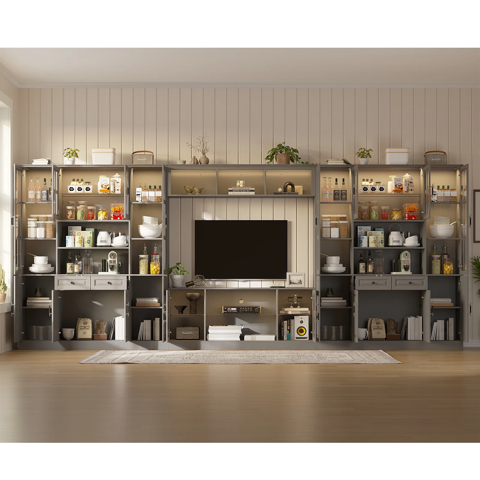 MEISSALIVVE 4-Piece Wall Unit TV Stand with Storage & LED Lights for TVs up to 75", Modern Entertainment Center with Bookshelves & 8-Door Pantry Cabinet, Gray