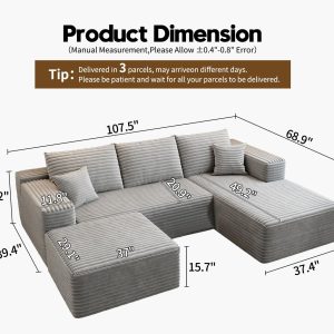 107.5" Cloud Modular Sectional Sofa Couch with L-Shape Chaise,Modern Minimalist Upholstered Couches for Living Room Bedroom,Deep Seat Corner Couch .No Assembly Required (Black,Left Facing Chaise)