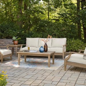 Signature Design by Ashley Clare View Coastal Outdoor Patio Eucalyptus Sofa with Cushions, Beige