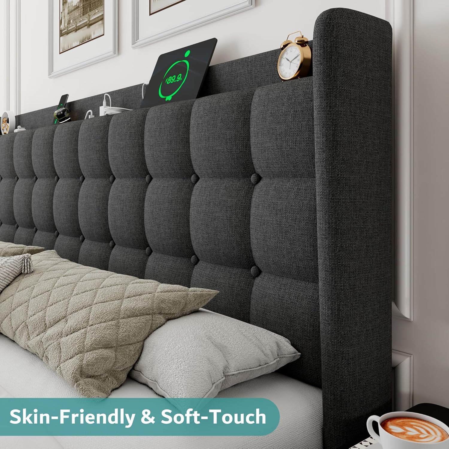 ipormis Full Size Bed Frame with Charging Station-Upholstered Platform Bed Frame with Wingback Storage Headboard, No Box Spring Needed,Light Grey