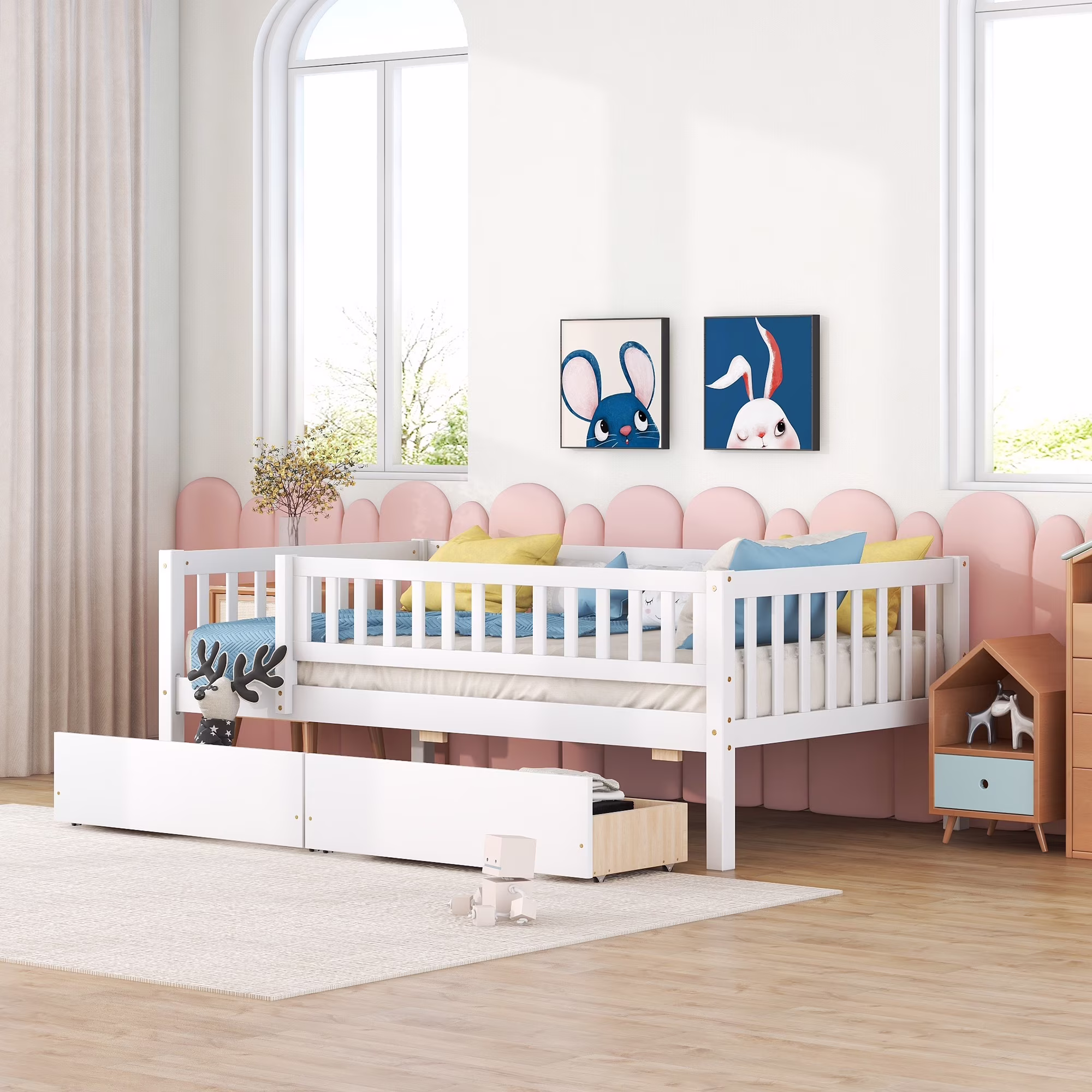Holaki Twin Size Wood Bed with Guardrails and 2 Storage Drawers for Kids, Gray