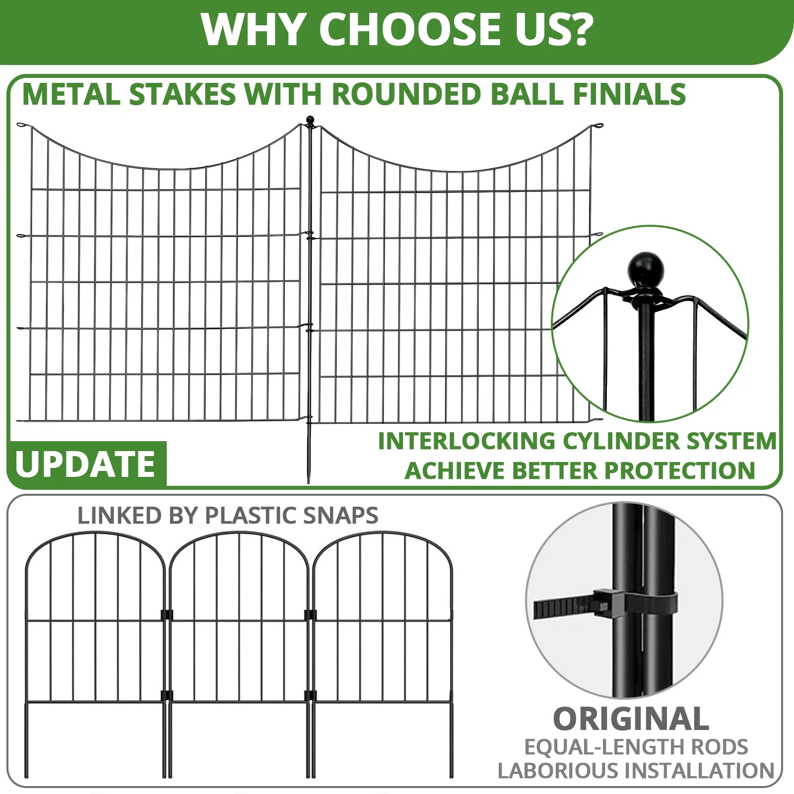 BSHAPPLUS® Garden Fence 10 Pack ,33in (H) x 24ft (L) Metal Fence,Rustproof Decorative Fence,Animal Wire Fence,Wrought Iron Fence, Outdoor Picket Fencing No-Dig for Yard, Lawn and Patio Borders