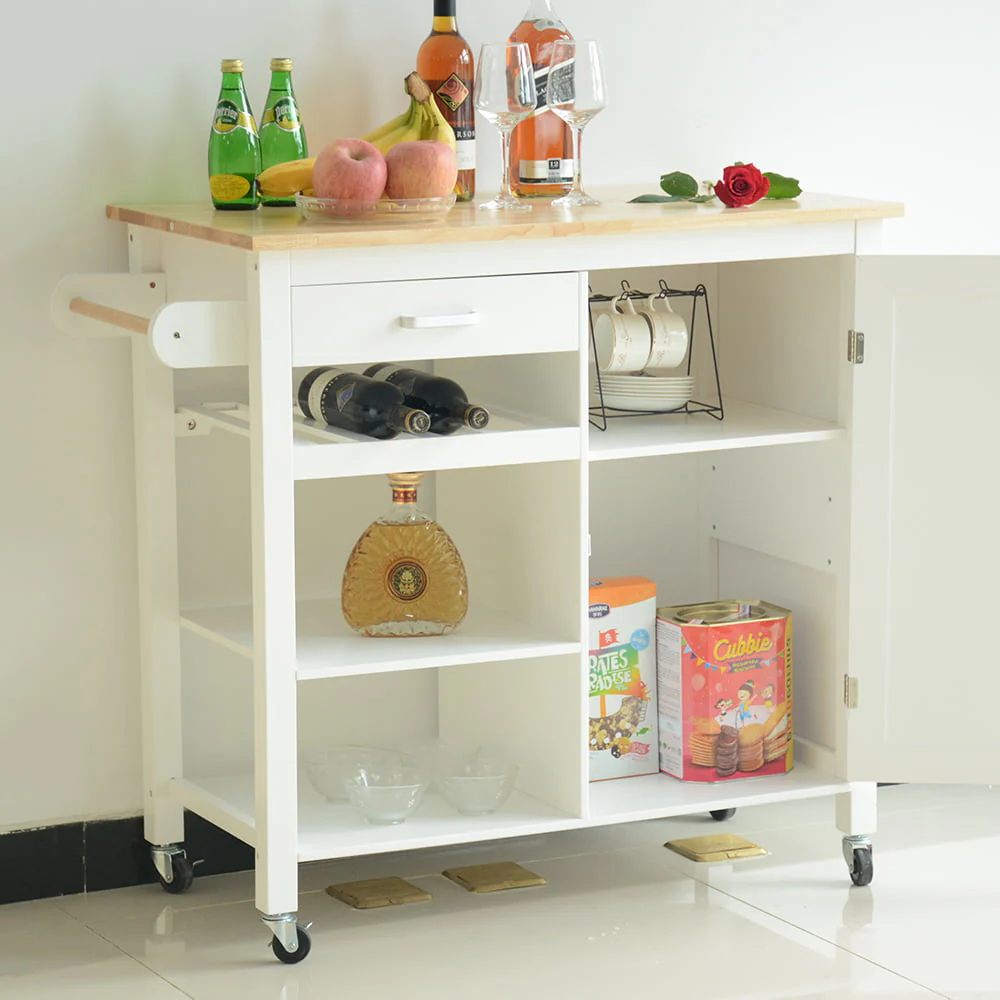 Highsound Wooden Kitchen Island Cart with 3 Shelfs and Cabinet, Kitchen Storage Carts Table with Drawer and Lockable Wheels, White