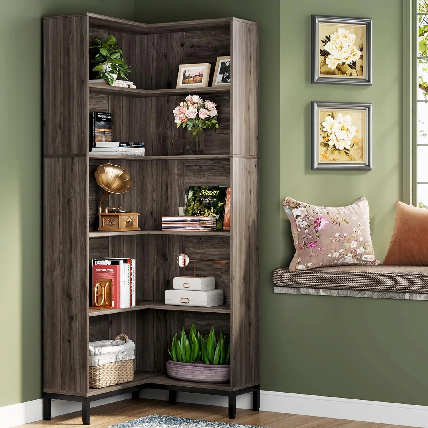 Tribesigns 71" L-Shaped Bookcase, 6-Tier Corner Bookshelf, Industrial Storage Display Rack, Grey