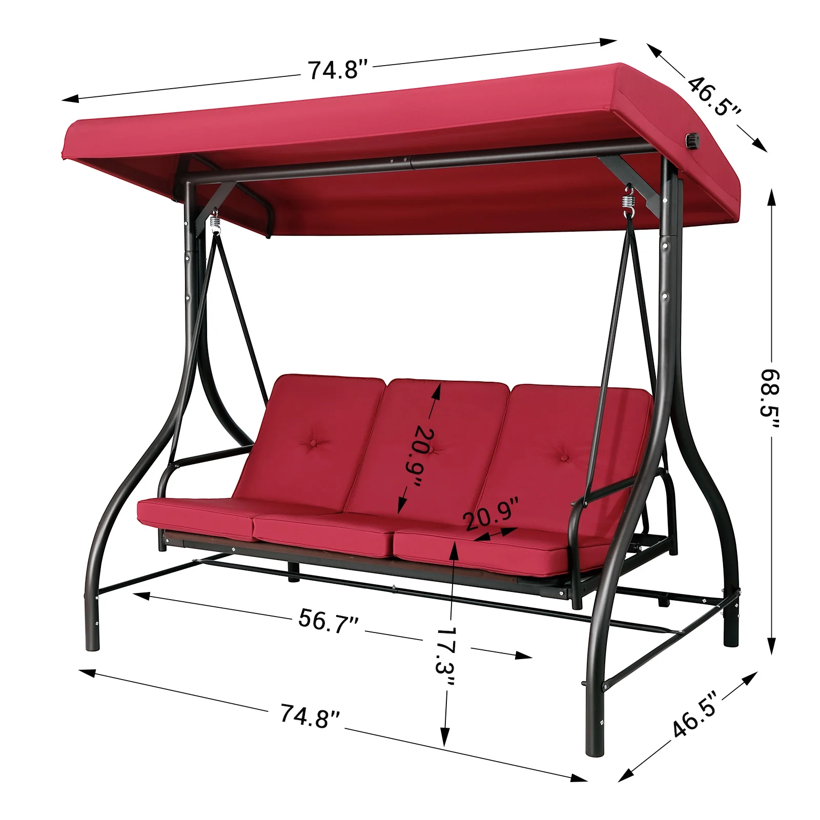 Pirecart 3 Person Patio Porch Swing Outdoor Converting Swing Glider Hammock with Adjustable Canopy, Cushions, Red