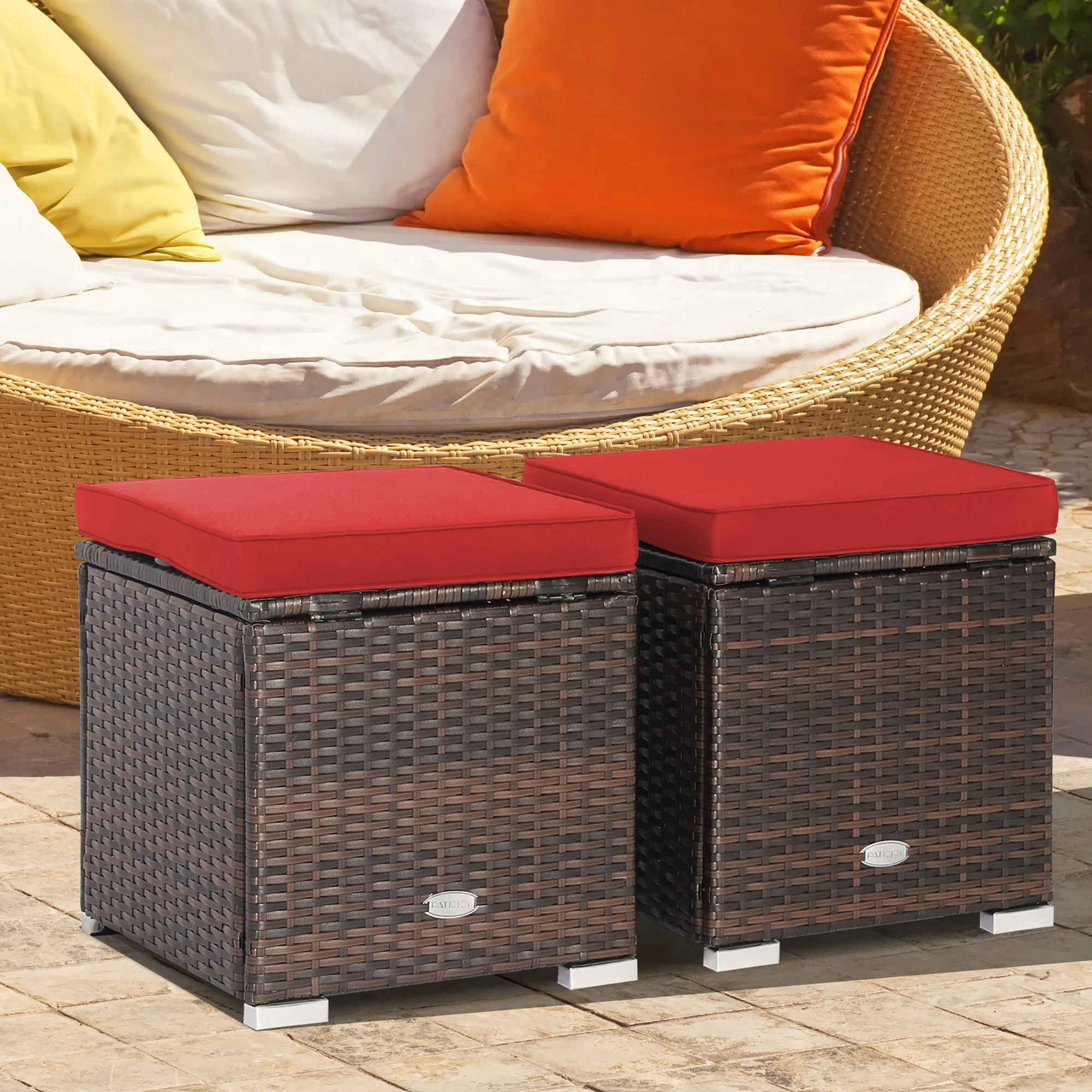 Costway 2PC Patio Rattan Ottoman Seat Side Table Storage Box Footrest Off White