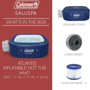 Coleman SaluSpa Atlantis AirJet 4 to 6 Person Inflatable Hot Tub Square Portable Outdoor Spa with 140 Soothing Jets with Cover, Blue