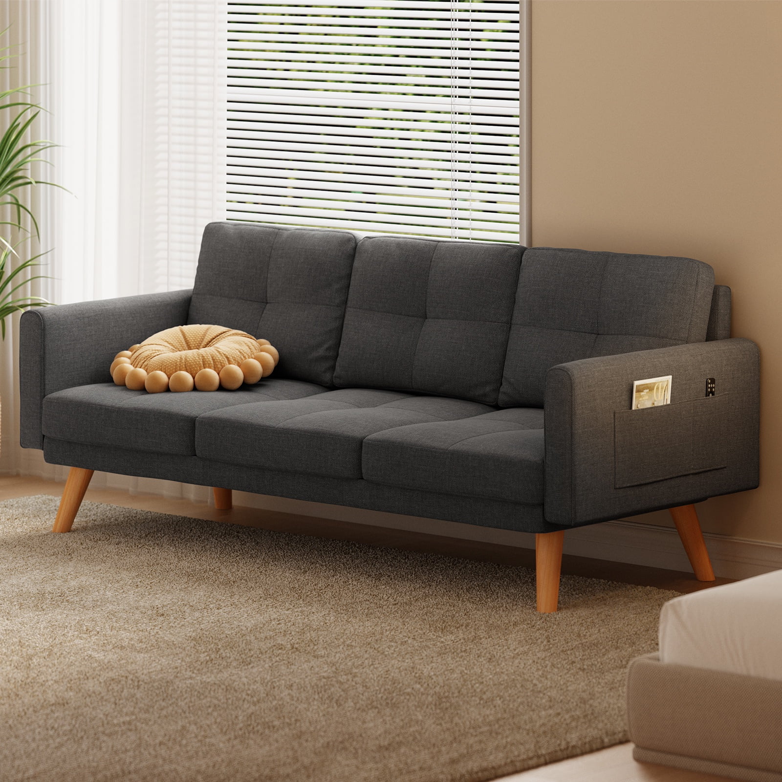 Modern Futon Sofa Bed with 3 Seats and Storage Pocket for Living Room & Office, Dark Gray