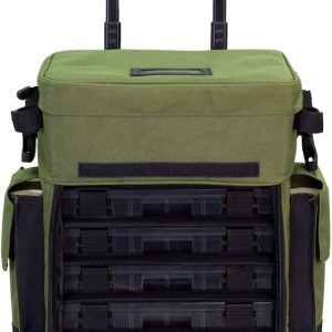 Elkton Outdoors Rolling Tackle Box with Wheels - Waterproof Rolling Fishing Backpack, 5 Removable Tackle Trays, 4 Rod Holders, Fishing Gifts for Men, Fish Tackle Bag, Roller Tackle Box