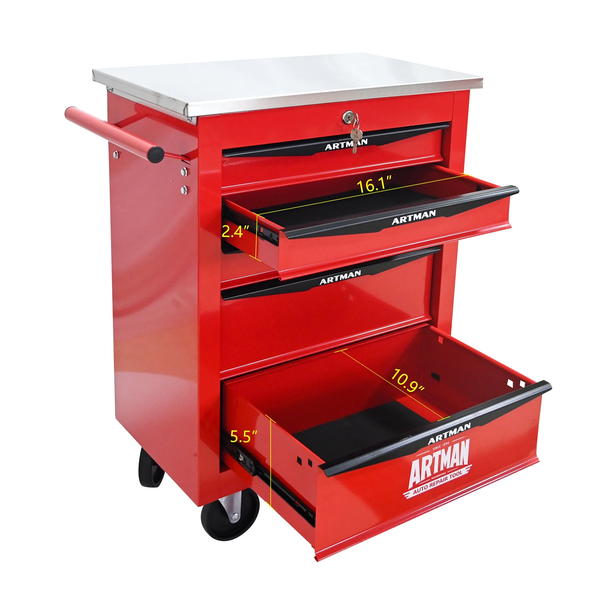 Tool Cabinets 4 Drawers Multifunctional Tool Cart with Wheels,Metal Rolling Tool Cart Storage for Garage Workshop Warehouse Repair Shop--With Stainless Steel Roof- Red&Black,Garage Tool Cabinets