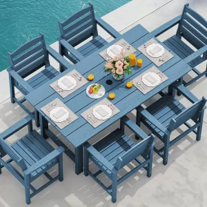 SERWALL 7-Piece Patio Table Set, Outdoor HDPE Dining Furniture with Umbrella Hole, All Weather Table and Chairs for Lawn, Garden, Poolside, Aruba