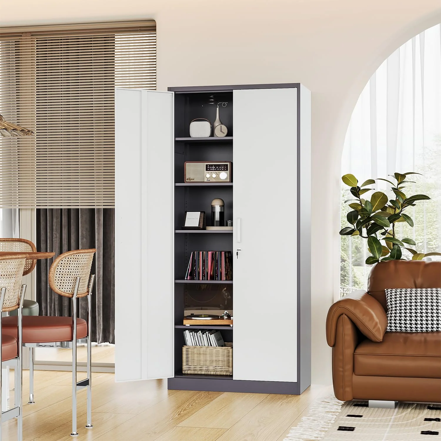 STANI Metal Storage Cabinet, 71- Tall Steel Cabinets with Locking Door and 5 Adjustable Shelves, Steel Classic Storage Cabinet for Home, School, Office, Garage