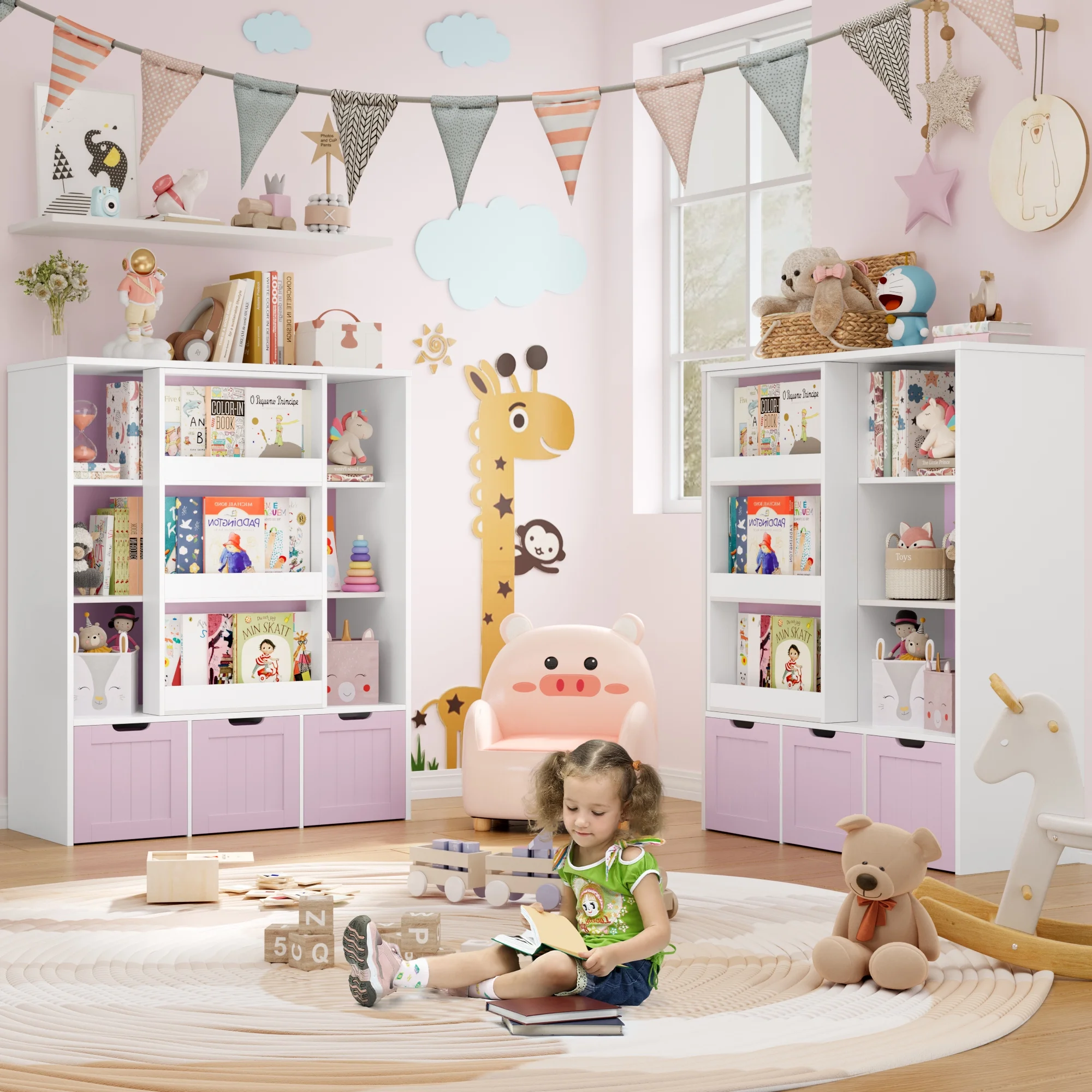 Homfa 6 Cube Toy Storage, Cube Organizer with Sliding Rack, 3 Drawer Kids Bookcase and Bookshelf, White