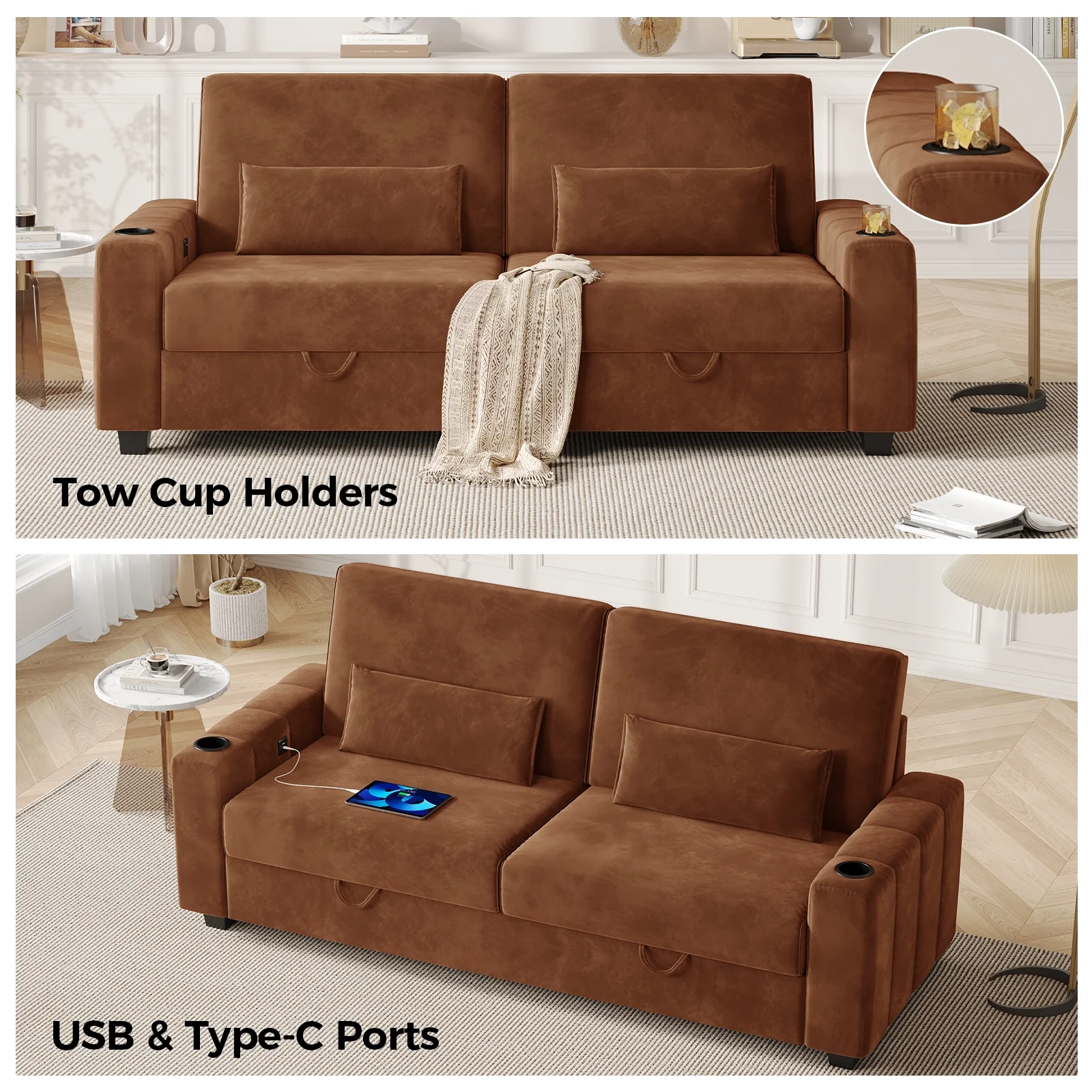 87-Large Loveseat Sofa, 3 Seater Couch with Storage, Velvet Fabric Deep Seat Sofa with Pillow& Cup Holders, Modern Comfy Sofa with USB& Type-C Ports, Home Sofa Couch for Living Room Bedroom