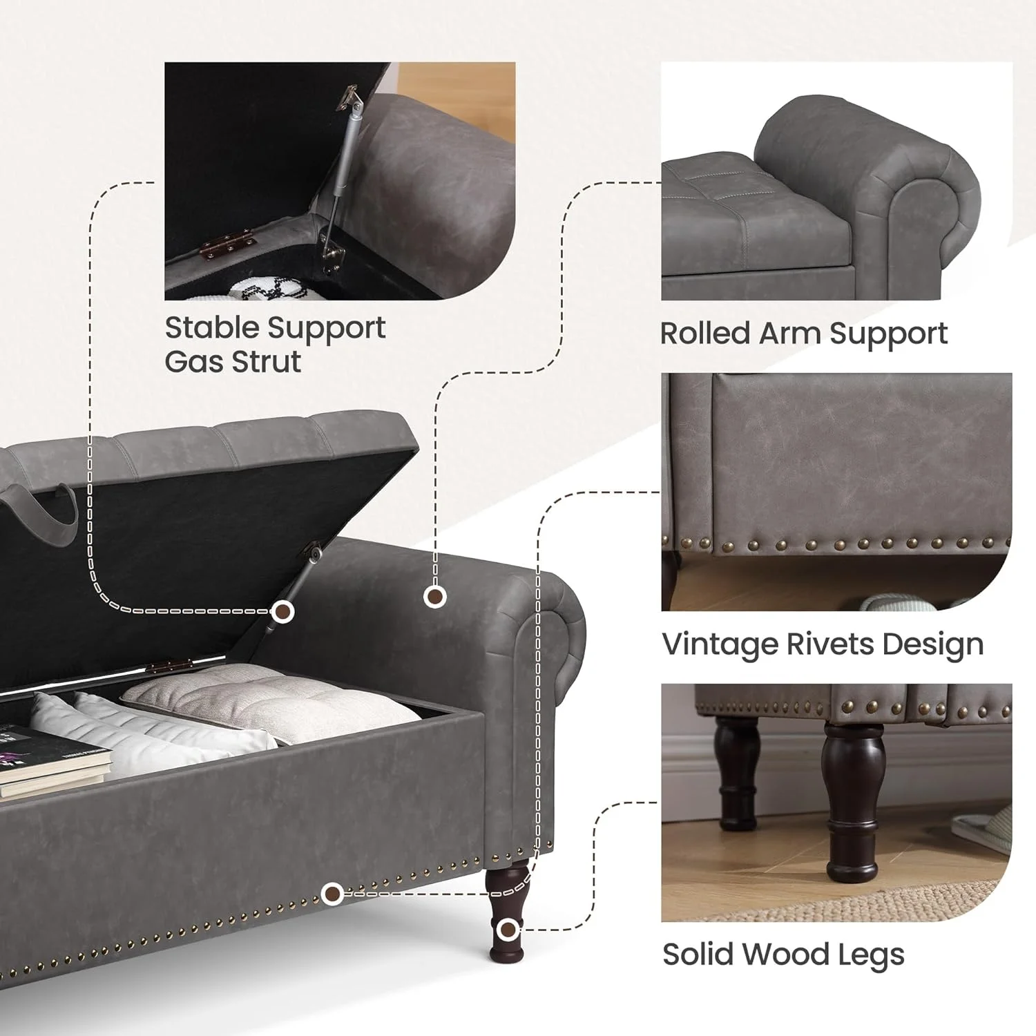 Gelloan Storage Ottoman Bench for Bedroom,Upholstered Bedroom Bench with Rolled Arms and Rivets, Storage Chest for Living Room,Grey,51 Inches