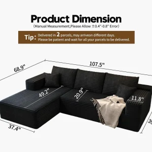107.5" Cloud Modular Sectional Sofa Couch with L-Shape Chaise,Modern Minimalist Upholstered Couches for Living Room Bedroom,Deep Seat Corner Couch .No Assembly Required (Black,Left Facing Chaise)