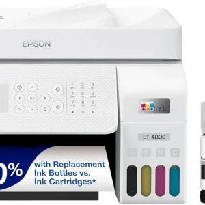 Epson EcoTank ET 4800 Wireless All in One Inkjet Printer, White – Cartridge Free, Scanner, Copier, Fax, ADF, Ethernet, Home Office