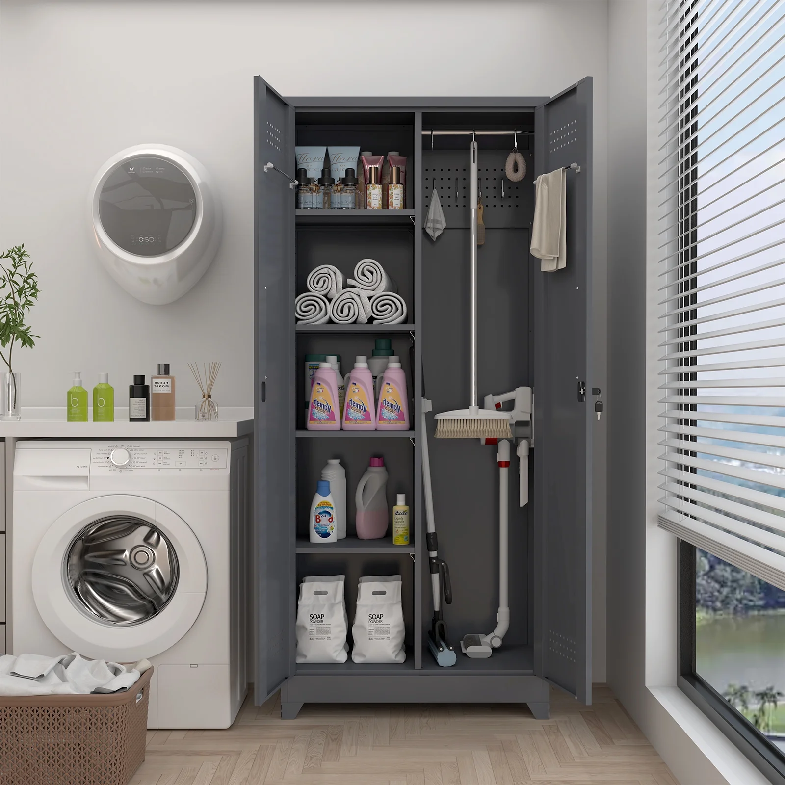 Marcree Broom Closet with Locking Doors,72.8-H Cleaning Tool Storage Cabinet with Hanging Rod & Hooks,Heavy-Duty Tool Garage Storage Cabinet for Utility Room,Grey