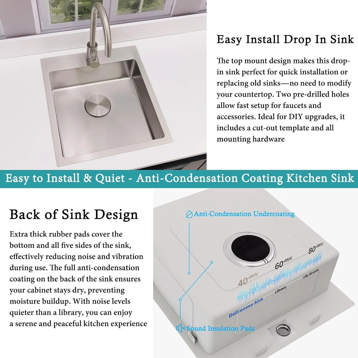 17 Inch Bar Sink Drop In -C Small Kitchen Sink, Modern 18 Gauge Stainless Steel sink with Brushed Finish, 17"x19"x6" Single Bowl kitchen Sinks for RV, Prep, and Outdoor Use