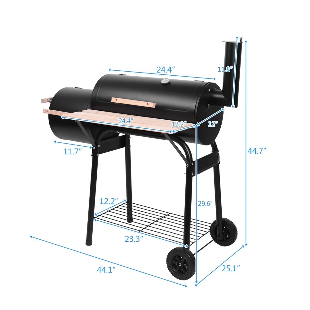 Clearance Charcoal Grill, Portable Oil Drum Charcoal Furnace with Stainless Steel BBQ Smoker, Wood Shelf, Thermometer, Wheels, for patio, Pool, Camping