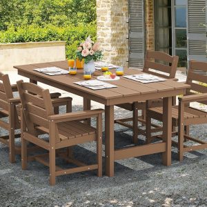 SERWALL 7-Piece Patio Table Set, Outdoor HDPE Dining Furniture with Umbrella Hole, All Weather Table and Chairs for Lawn, Garden, Poolside, Aruba