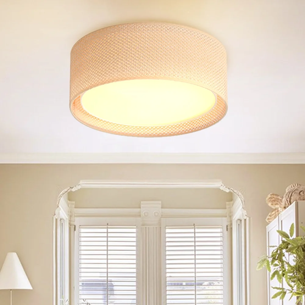 LEDET 15.7 in. Yellow Flush Mount Ceiling Light Rattan Weaving Shade Home Decor Pendant Lighting