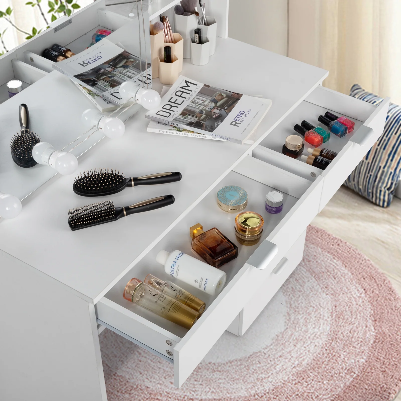 Ktaxon Vanity Set with 3 Color Lighted Mirror, Makeup Table with 6 Drawers, Dressing Table Makeup Desk with Stool, White