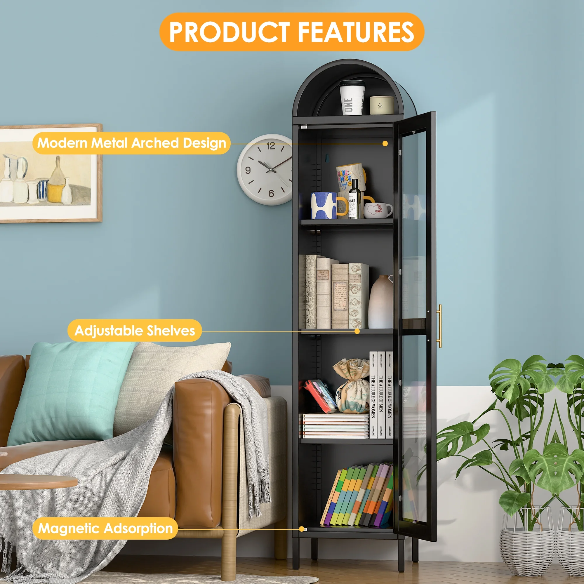 SUXXAN Metal Arched Storage Display Lockable Cabinets with Glass Doors and Adjustable Shelves, Assembly Required, Black
