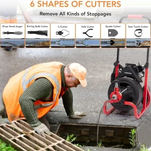 AOILE Drain Cleaning Machine 75Ft x 1/2 in, Electric Drain Auger for 2-4 Inch Pipes with Cutters & Glove
