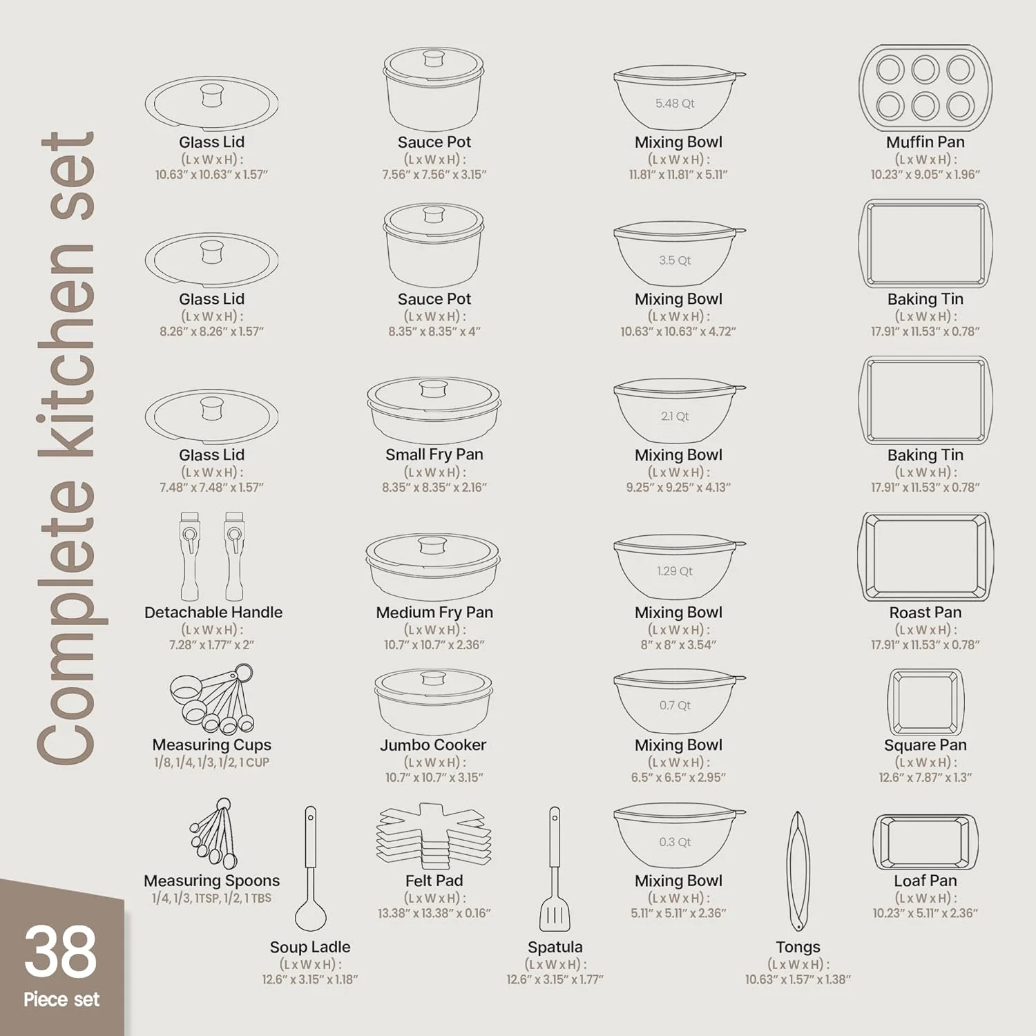Bakken Master 38 Piece Granite Cookware and Bakeware Set -C Nonstick Granite Coating, Pots and Pans with Detachable Handles and Tempered Glass Lids, 6-piece Bakeware set, 12-piece Mixing Bowls,Brown