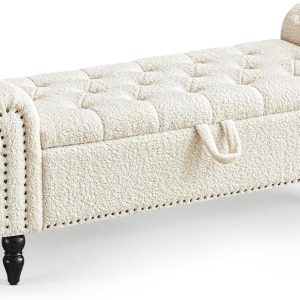 Furniliving Modern Storage Ottoman Bench, Sherpa Ottoman End of Bed Bench with Solid Wood Legs Upholstered Ottoman Benches with Storage Indoor Bench for Living Room with Rolled Arm, Entryway, White