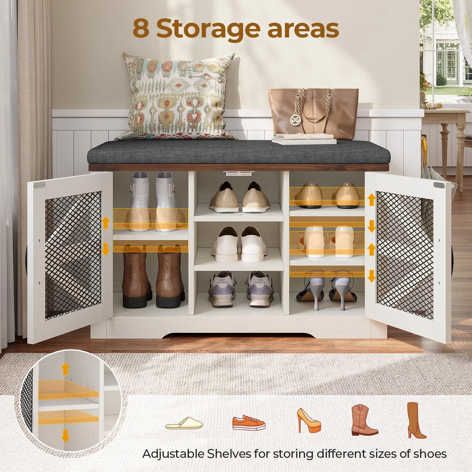 Farmhouse Storage Bench with Cushion, 31.4in Shoe Cabinet with Metal Barn Door and Half Hidden Storage Space for Entryway, Bedroom, Living Room, Old White