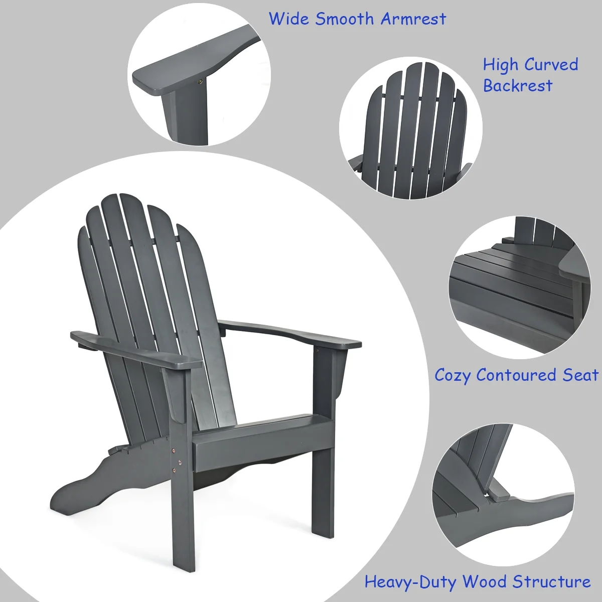 Costway Outdoor Adirondack Chair Accent Chair Solid Wood sturdy Patio Garden Deck Furniture Gray