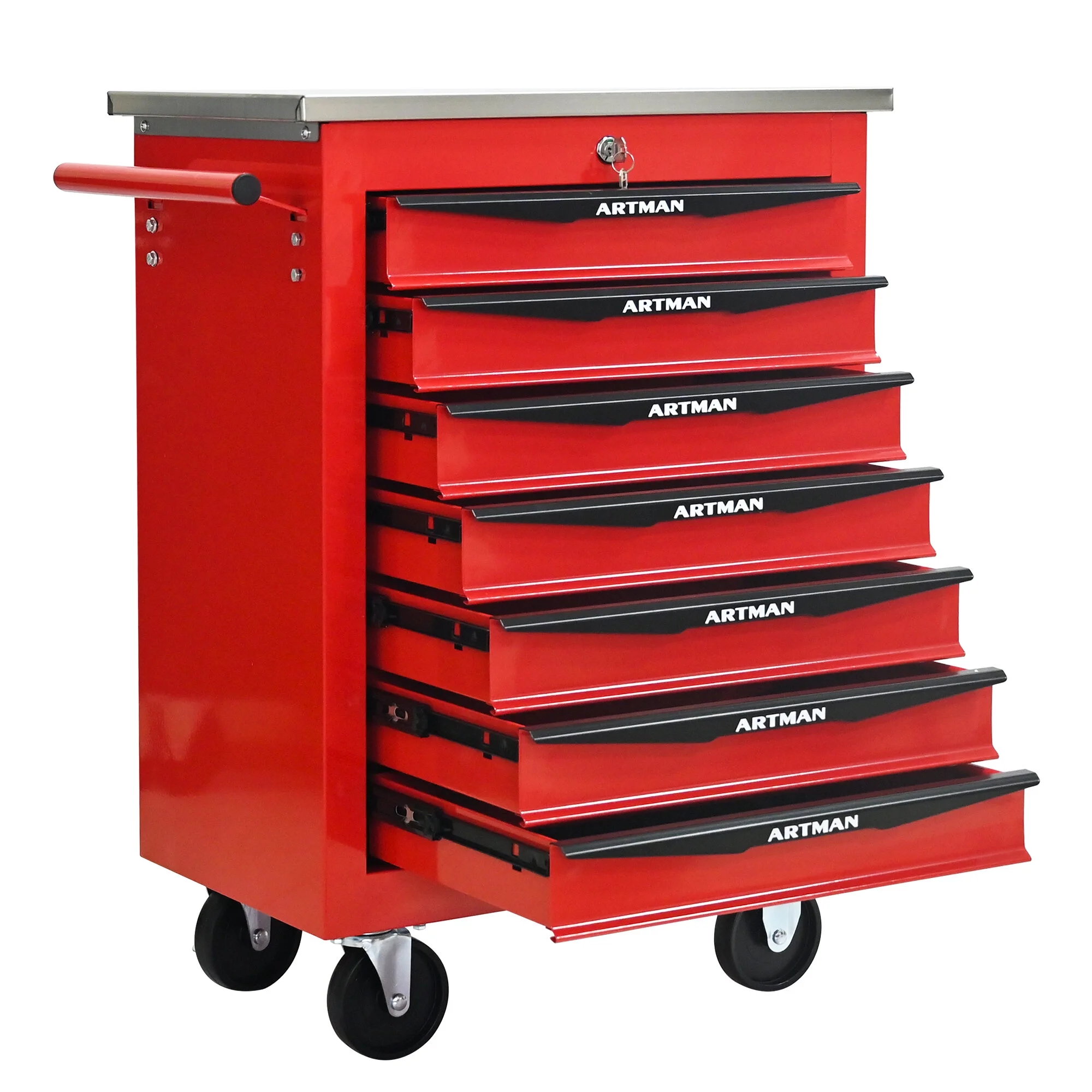 Tool Cabinets 4 Drawers Multifunctional Tool Cart with Wheels,Metal Rolling Tool Cart Storage for Garage Workshop Warehouse Repair Shop--With Stainless Steel Roof- Red&Black,Garage Tool Cabinets