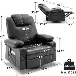Oversized Swivel Rocker Recliner Chair with Heat and Massage, 360 Degree Swivel Rocking Single Sofa with Cup Holders and USB Port, Large Big Recliner Chair for Living Room (Leather, Brown)
