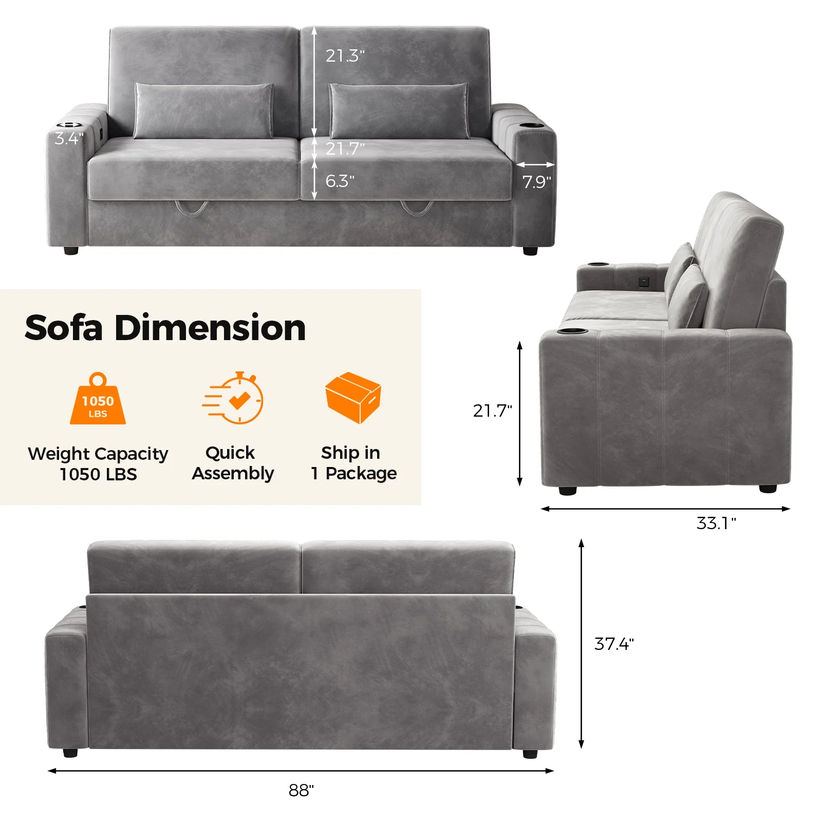 87-Large Loveseat Sofa, 3 Seater Couch with Storage, Velvet Fabric Deep Seat Sofa with Pillow& Cup Holders, Modern Comfy Sofa with USB& Type-C Ports, Home Sofa Couch for Living Room Bedroom